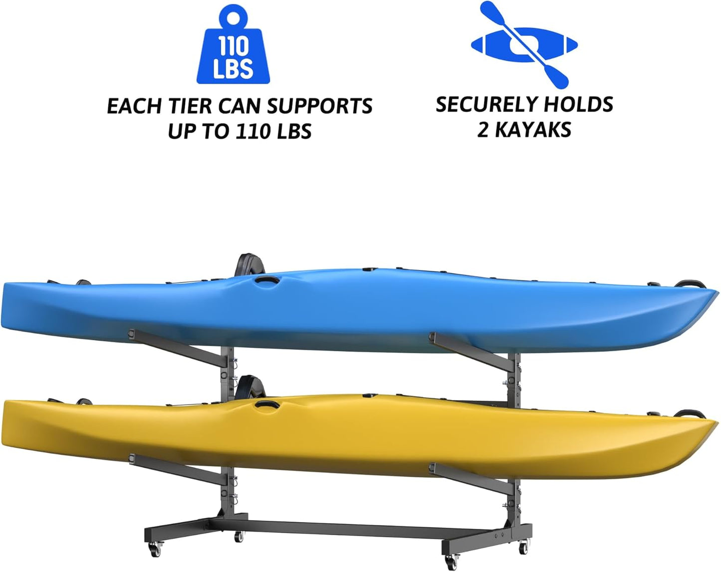 Kayak Storage Rack, Freestanding Kayak Stand with Wheels, Heavy Duty Kayak Holder, Adjustable Canoes and Surfboards