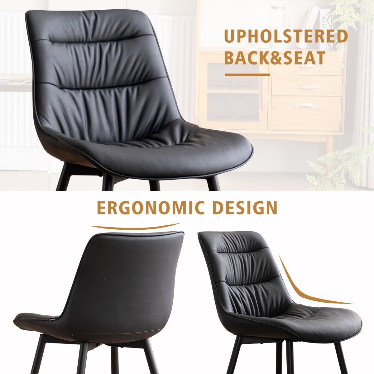 Kidol & Shellder Dining Chairs, Modern Upholstered Leather Kitchen Side Chairs with Comfortable Back, with Metal Legs Black Modern