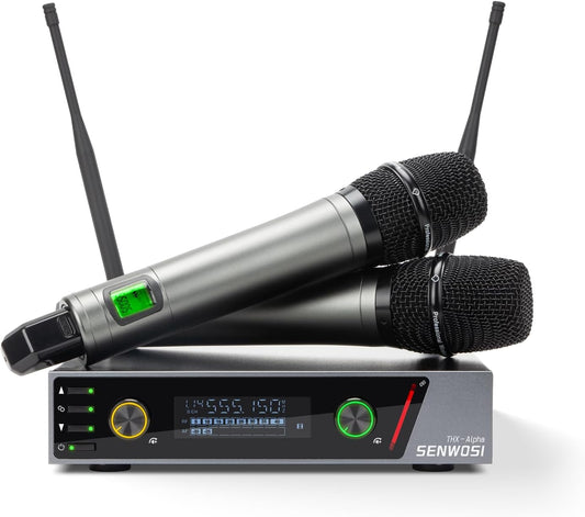 Dual Channel UHF Metal Wireless Mic System with Two Wireless Handheld Dynamic Microphones, 2100 Adjustable Freq