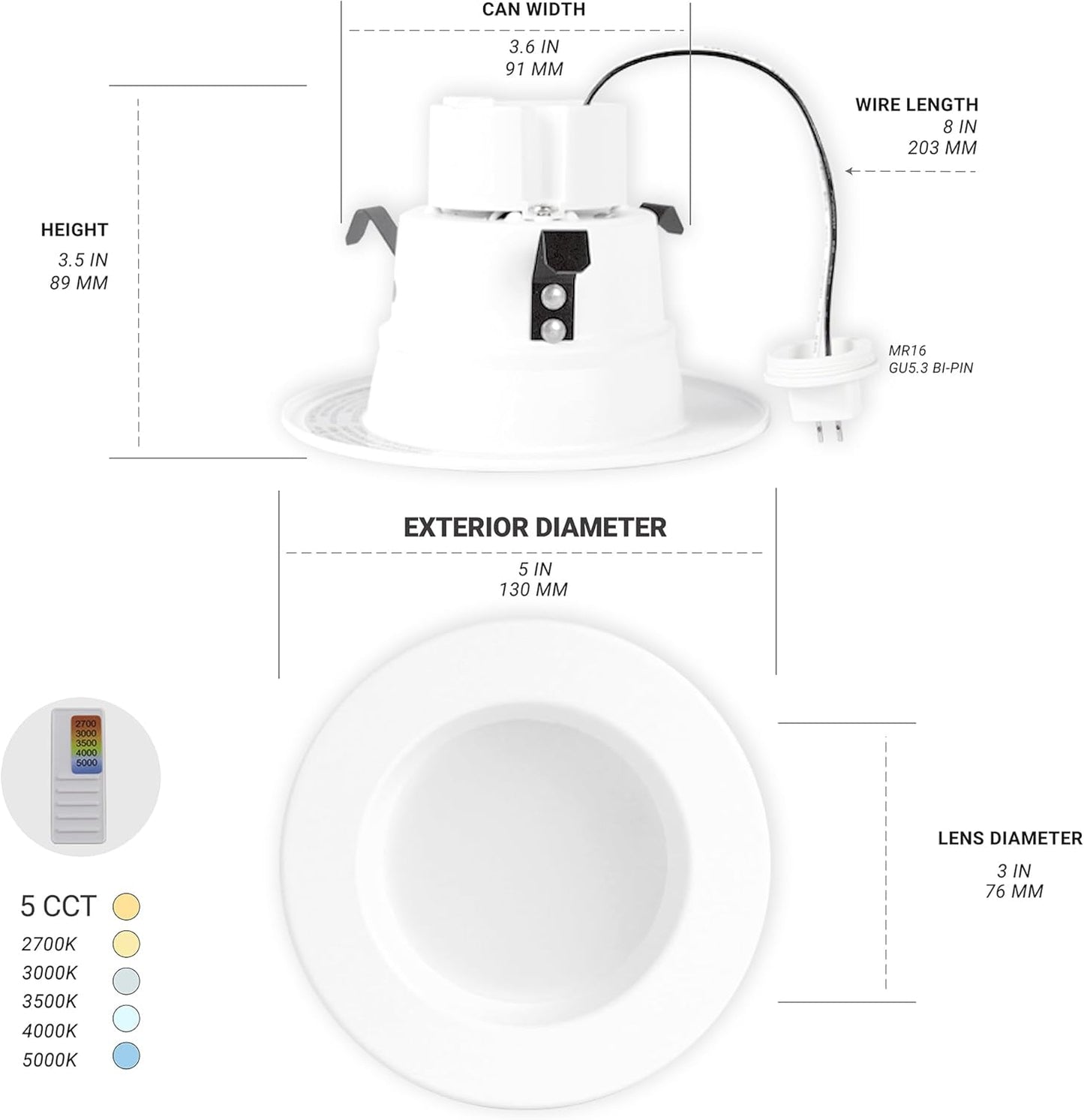 12 Pack 4 Inch MR16 Retrofit LED Recessed Lighting, 5CCT Selectable 2700K/3000K/3500K/4000K/5000K, 10W 600LM Dimmable Low Voltage LED Downlight,