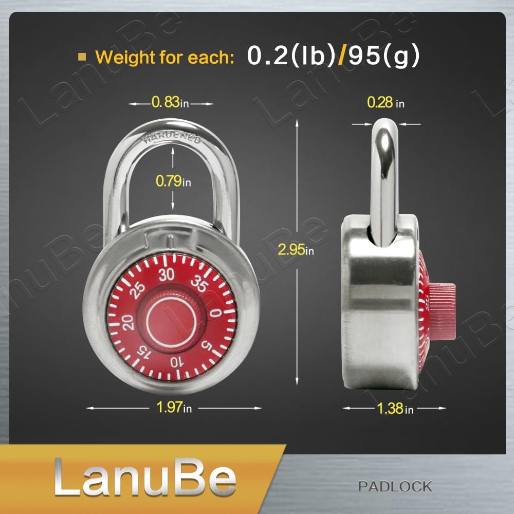 LanuBe Standard Dial Combination Lock, 2 in. Wide, with Different Combinations, Red Turnplate, Pack of 60; Lock for School, Employee, Gym Sports