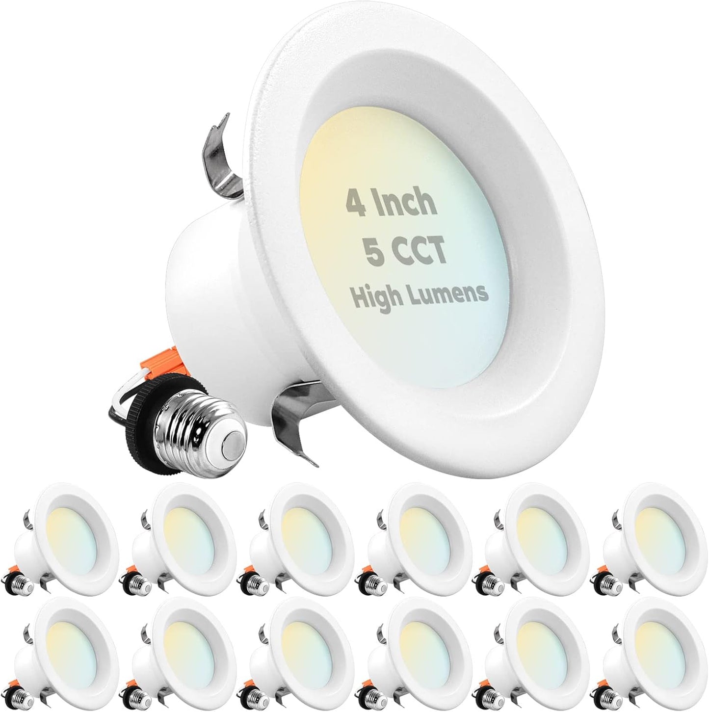 LUXRITE 12-Pack 4 Inch LED Recessed Can Lights, 14W=75W, 5 Color Options 2700K-5000K, 950 Lumens, Dimmable LED Retrofit Kit, Wet Rated, IC Rated,