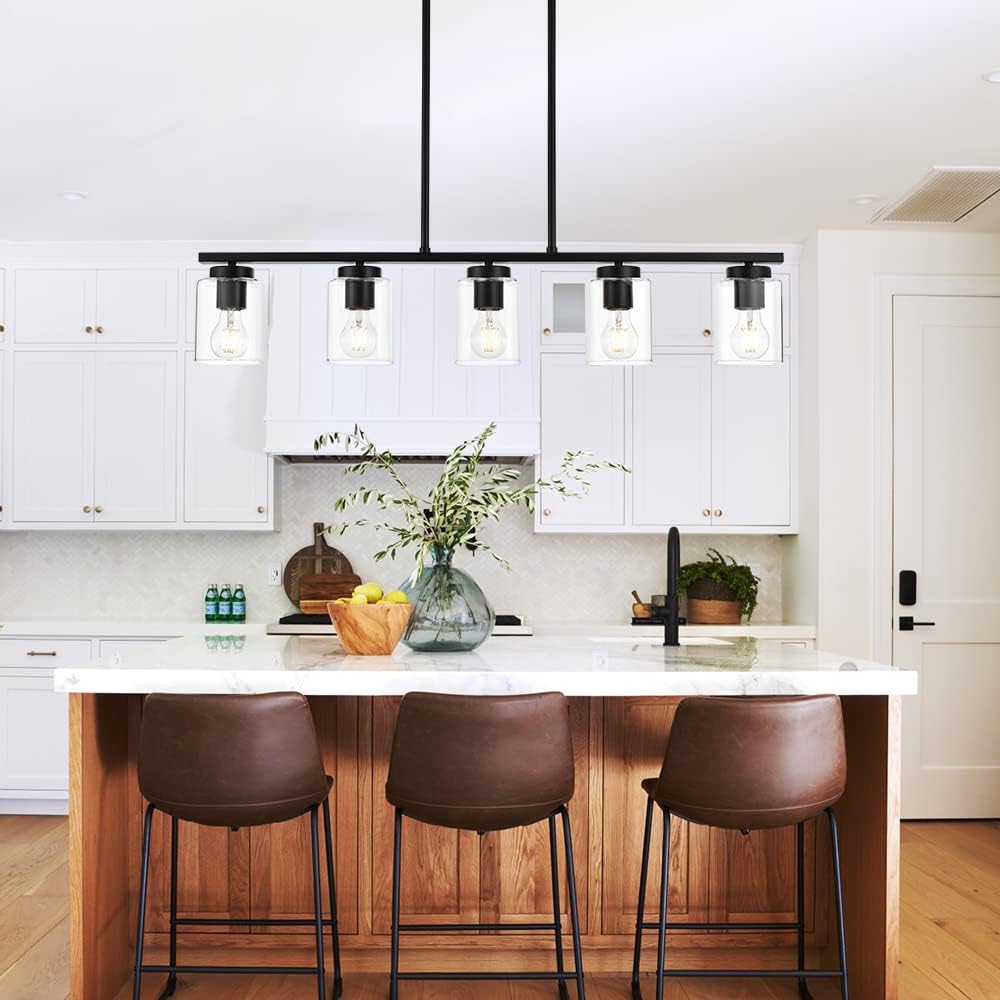 TODOLUZ Black Kitchen Island Pendant Lighting, 5-Lights Farmhouse Hanging Pendant Light Fixtures with Clear Glass Shade for Dining Room Pool Table