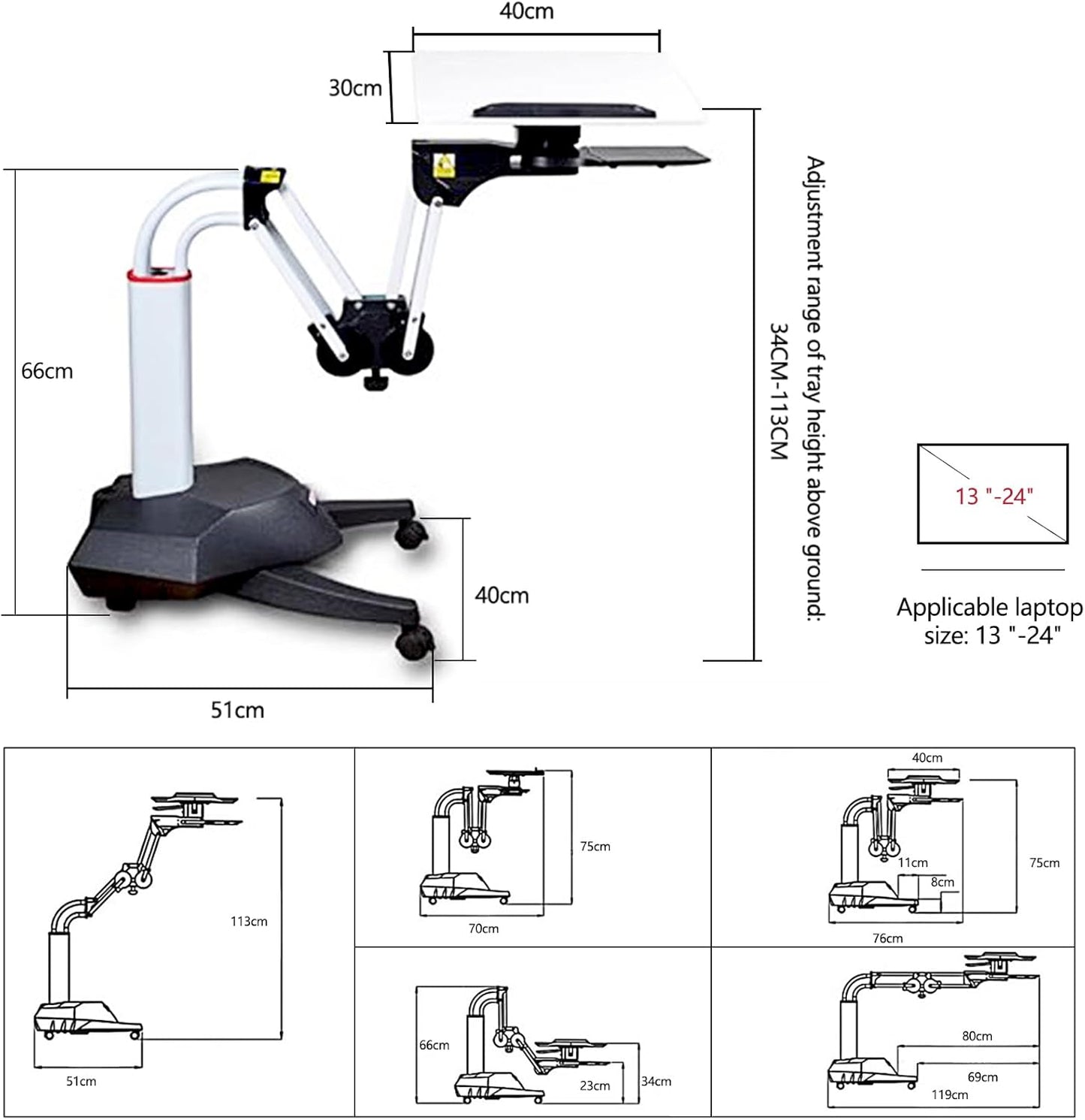 NBGYS Ergonomic Laptop Desk for Bed Height Adjustable, Pneumatic, Rolling Stand, Sit to Stand Computer Cart, Workstati