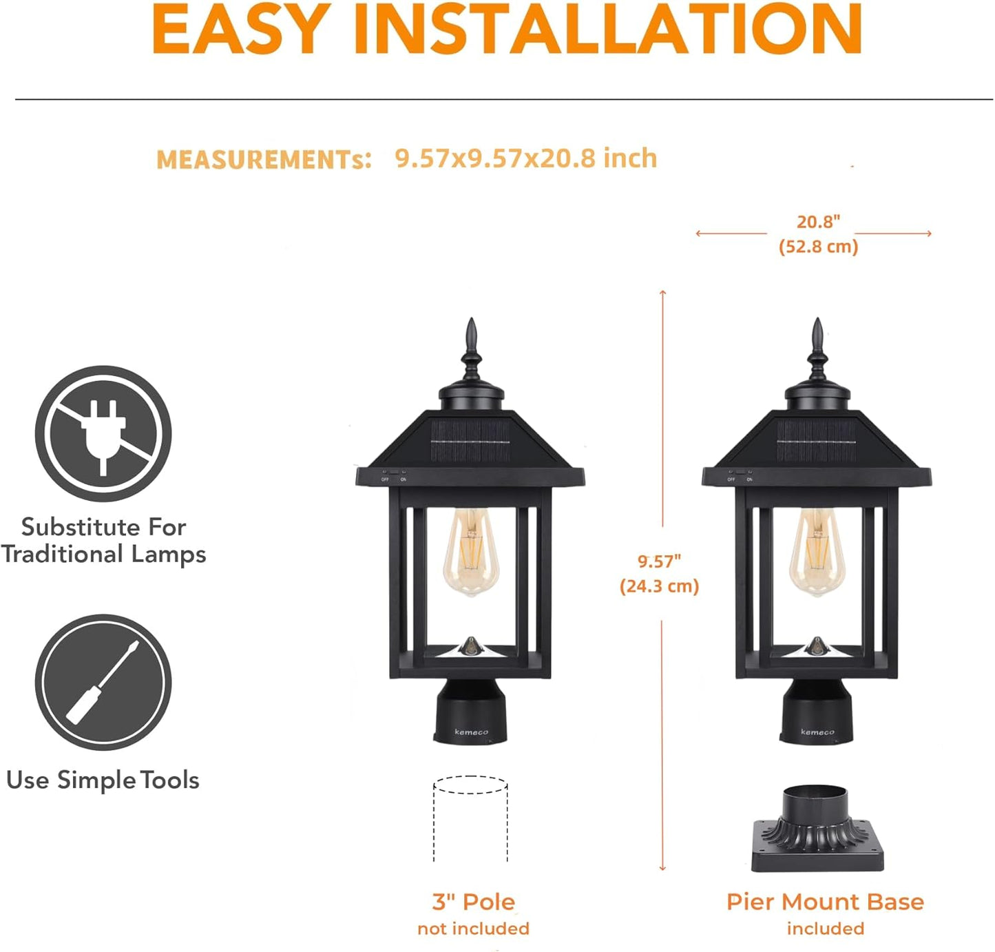 Solar Post Light with Pire Mount Base, Outdoor Dusk to Dawn Waterproof Aluminum Lamp Bright Sandy Colored LED Solar Powered for Pole Pillar Gates