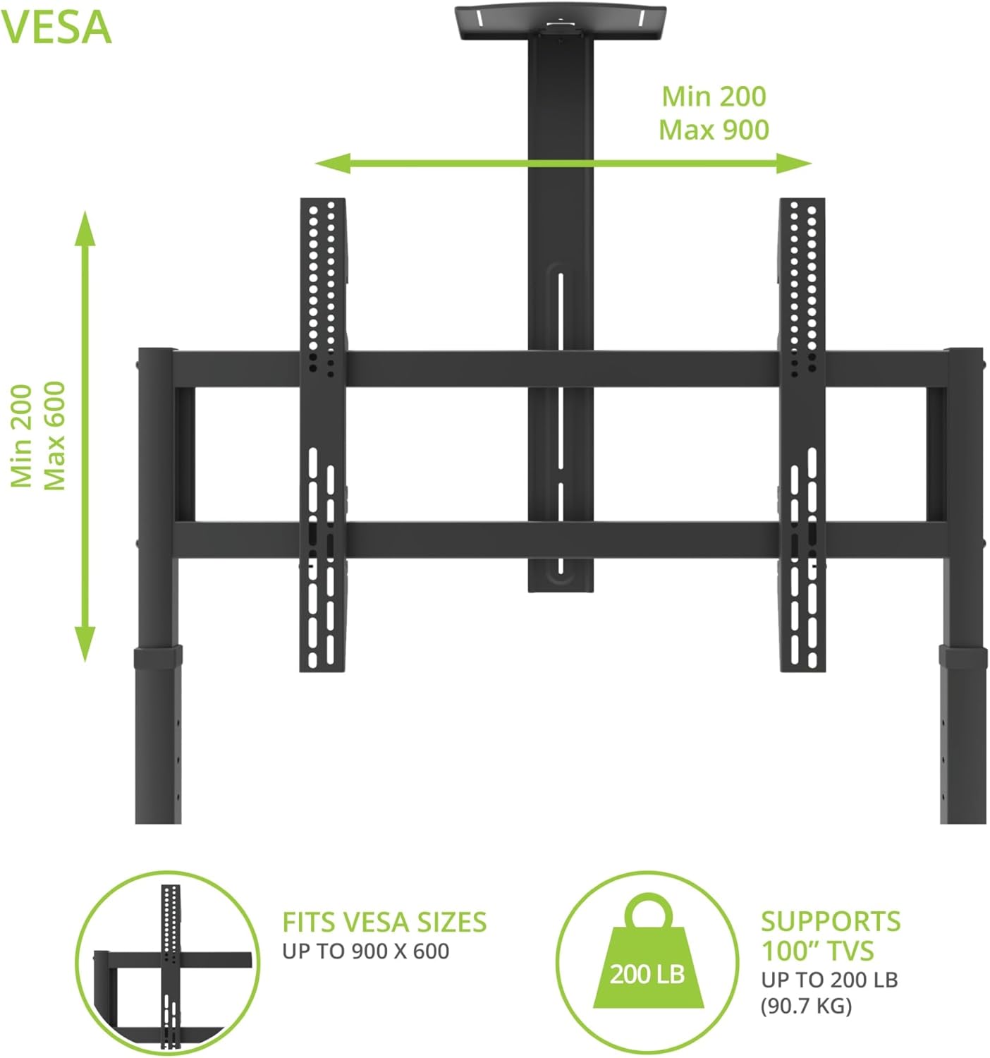 MTP100 Heavy Duty Height Adjustable Rolling TV Stand / AV Cart for 55' - 100' Screens up to 200 lbs (90.9kg)| Tray & Camera Shelf | VESA sizes fr