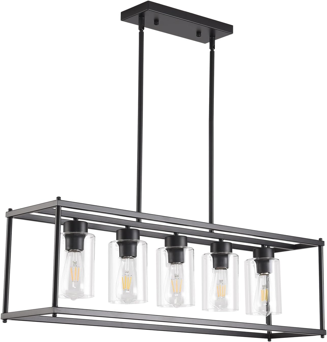 Black Dining Room Light Fixture, 5-Lights Modern Rectangular Chandelier with Clear Glass Shades, Farmhouse Line