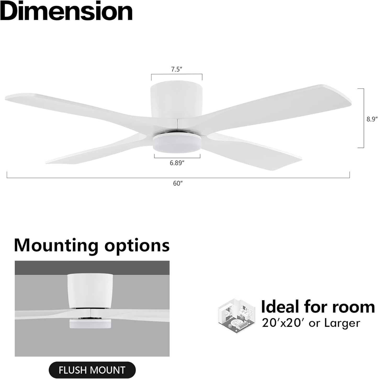 60 Inch Flush Mount DC Ceiling Fan with Lights and Remote, 4 Reversible Carved Wood Blades, 6-Speed Noiseless DC Motor, Hugger Ceiling Fan in Gloss Wh