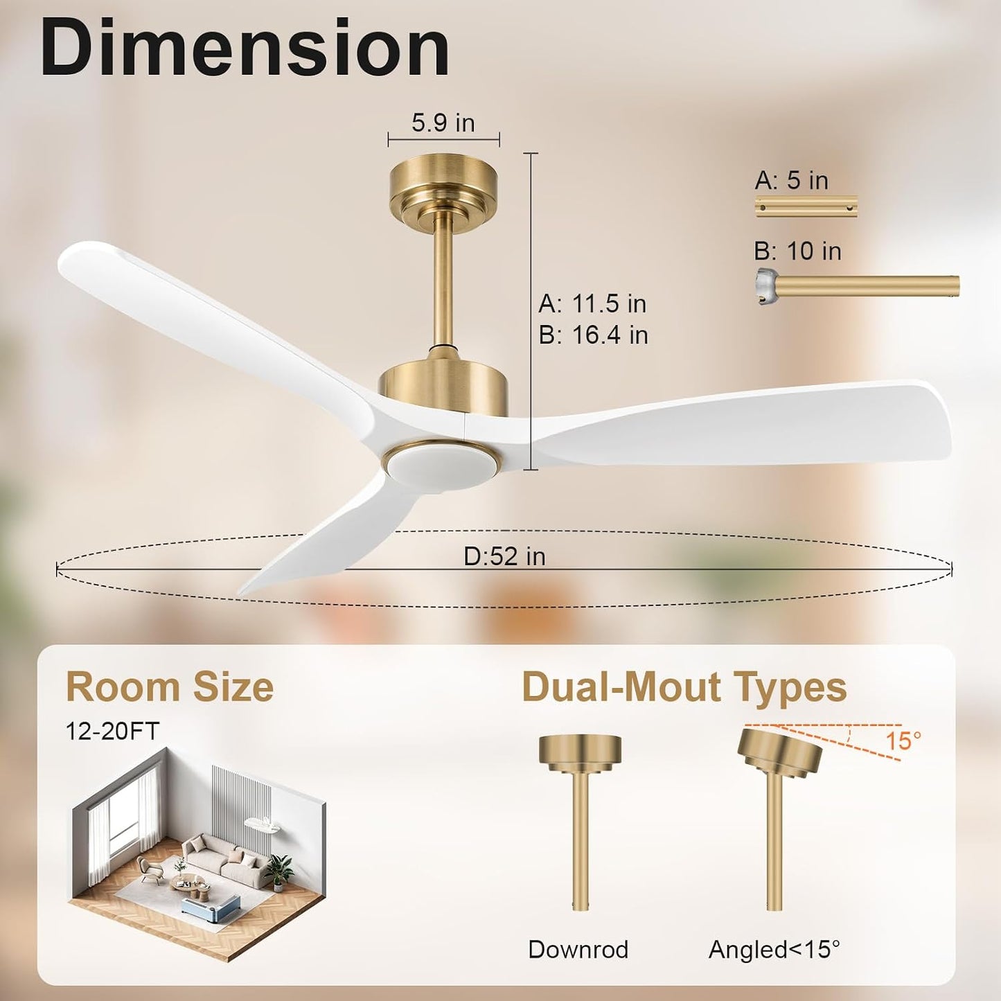 52 Inch Modern White and Gold Ceiling Fans with Lights and Remote | Quiet and Reversible DC Motor, Up to 6567 CFM, Dimmable 3-Color Ceiling Fan Light, Memory Function, for Bedroom Living Room
