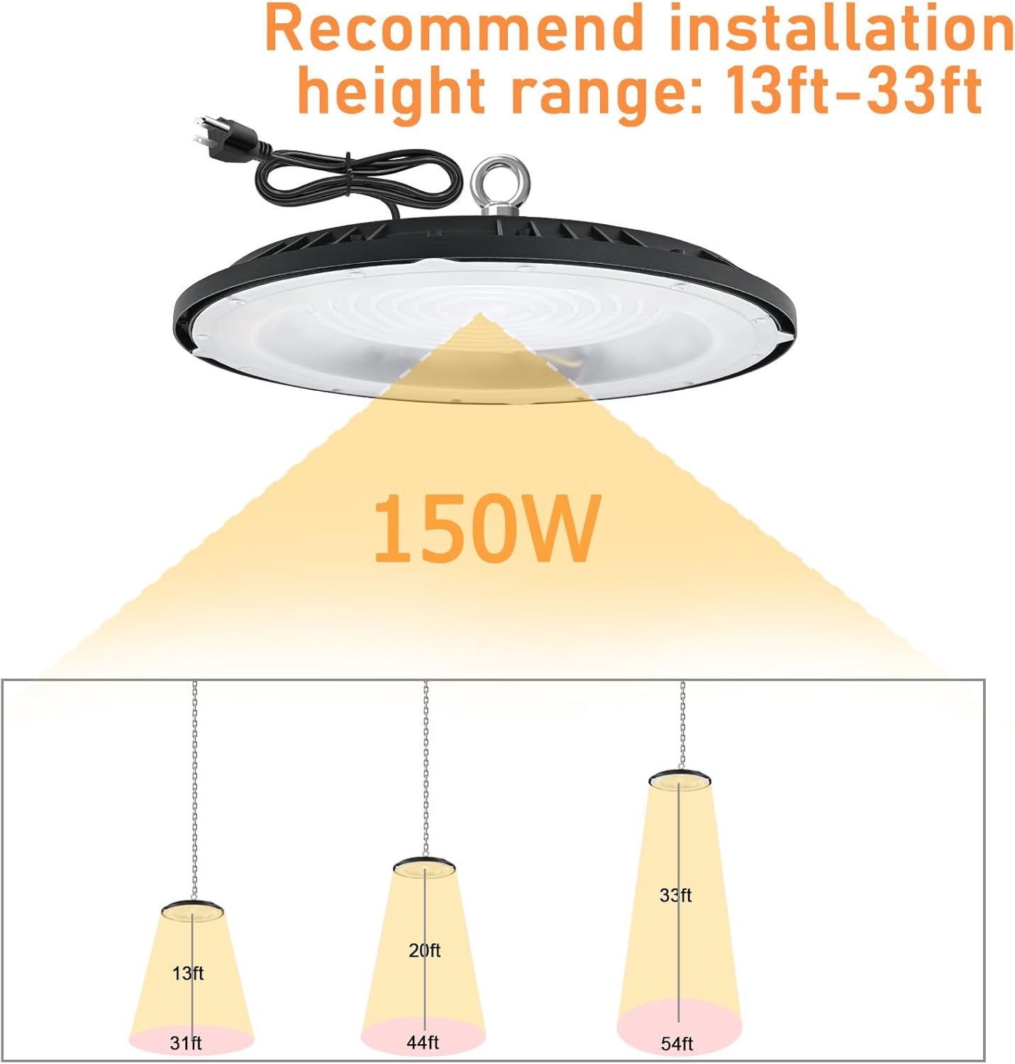 LED High Bay Light, 150W High Bay LED Shop Lights 21000LM 5000K, UFO LED High Bay Light for Garage Warehouse Workshop Factory Gym Barn, 5Ft Power