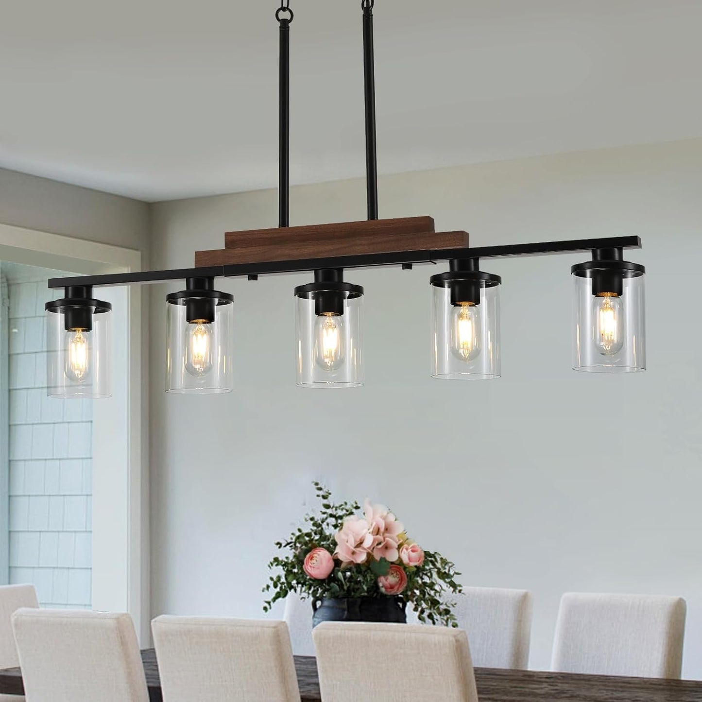 Dining Room Light Fixture Over Table,Farmhouse 5-Light Kitchen Island Lighting, Linear Chandelier with Clear Glass Shades, Moder