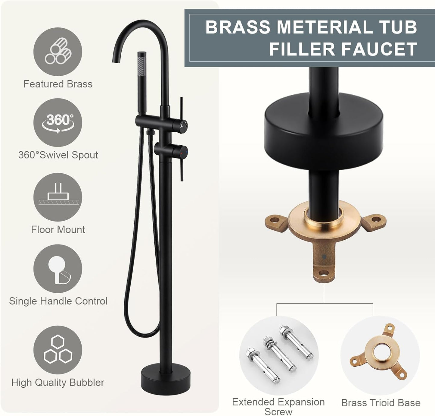 Freestanding Tub Filler Faucet, Floor Mount Matte Black Bathtub Faucet with Single Handheld Shower for Bathroom, Brass Shower Tub Faucet Set