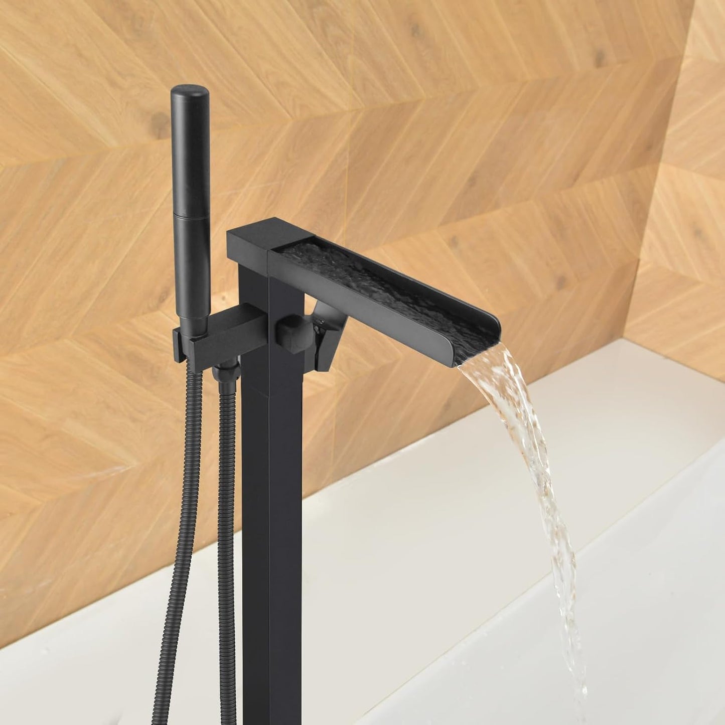 Tub Filler Freestanding Bathtub Faucet Waterfall Matte Black Floor Mount Brass Single Handle Bathroom Tub Faucets High Flow Bath Shower Faucets with 2