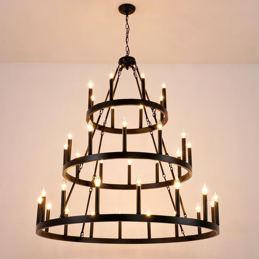 48 Inch Extra Large Black Wagon Wheel Chandelier, 3 Tier 36-Lights Farmhouse Pendant Light Fixture, Horse Wheel Lamp for