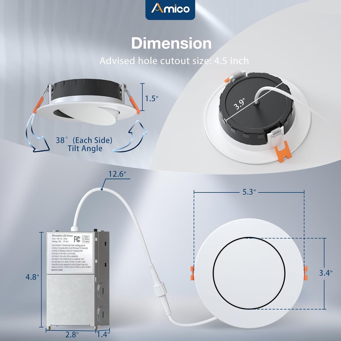 12 Pack 4 Inch 5CCT Gimbal Slim LED Recessed Lights with J-Box, Airtight Directional Dimmable Downlight, 2700K/3000K/3