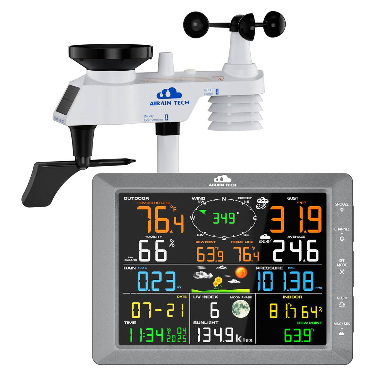 Wireless Weather Station with Outdoor Sensor, Rain Gauge, Wind Speed, Direction, Temperature & Humidity, Moon Phase, Chill Index, Dew Point, and Barometric Pressure (No WiFi).