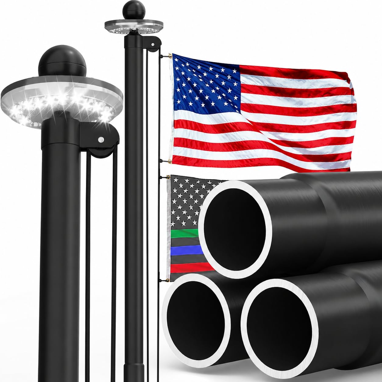 16 FT Heavy Duty Flag Pole for Outside House with Solar Light | 13-Gauge Heavy Duty Aluminum Flagpole Kit, 3x5 Embroidered Flag, In-Ground Commercial Residential,80MPH Wind Tested 16FT Black