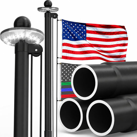16 FT Heavy Duty Flag Pole for Outside House with Solar Light | 13-Gauge Heavy Duty Aluminum Flagpole Kit, 3x5 Embroidered Flag, In-Ground Commercial Residential,80MPH Wind Tested 16FT Black