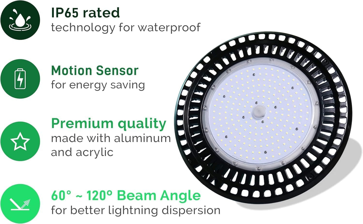 THE LIGHT MASTER 300W, 5000 K, 45500 Lumen Elite Smart UFO High Bay with Advanced Lens Optics to Provide an Energy efficient 120 Degree Beam Angle.