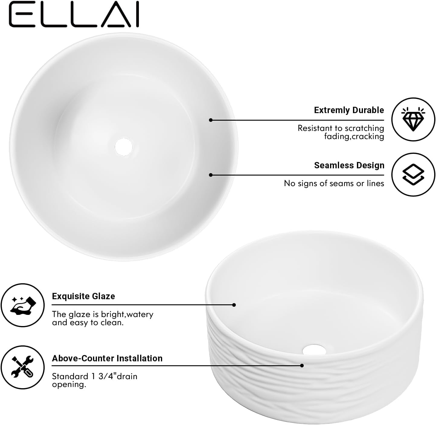 ELLAI Round Vessel Sink Bathroom Sink Above Counter Bowl Sink Porcelain Ceramic Countertop Basin, Glossy White 15.7&#39;&#39;x5.9&#39;&#39;