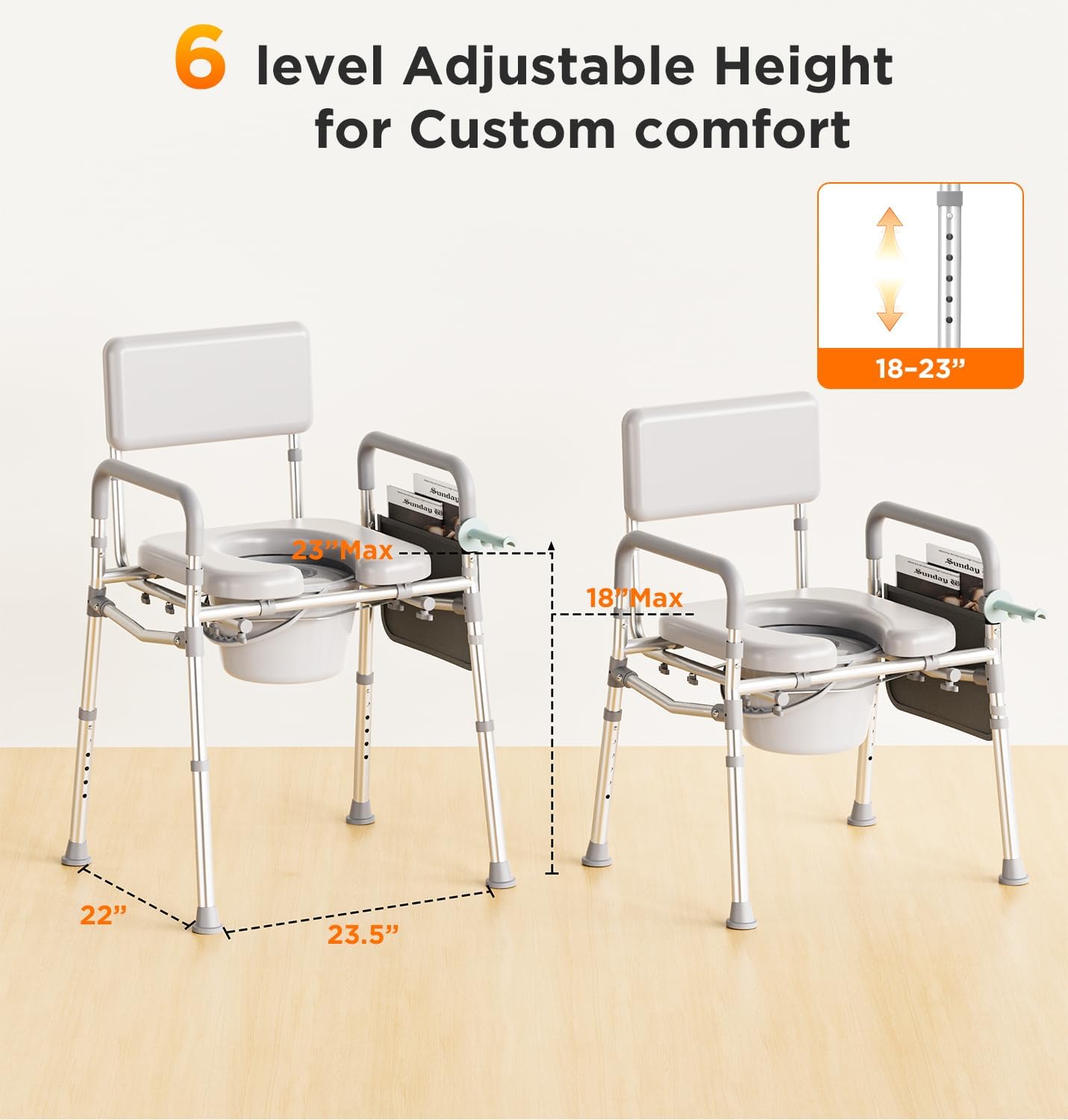 Bedside Commode with Padded Seat & Backrest, Aluminum Toilet with 6.5 qt Bucket, Easy-Clean, 350 lb Capacity Enhanced Crossbar, Portable Toilet for Seniors with Paper Holder & Newspaper Bag