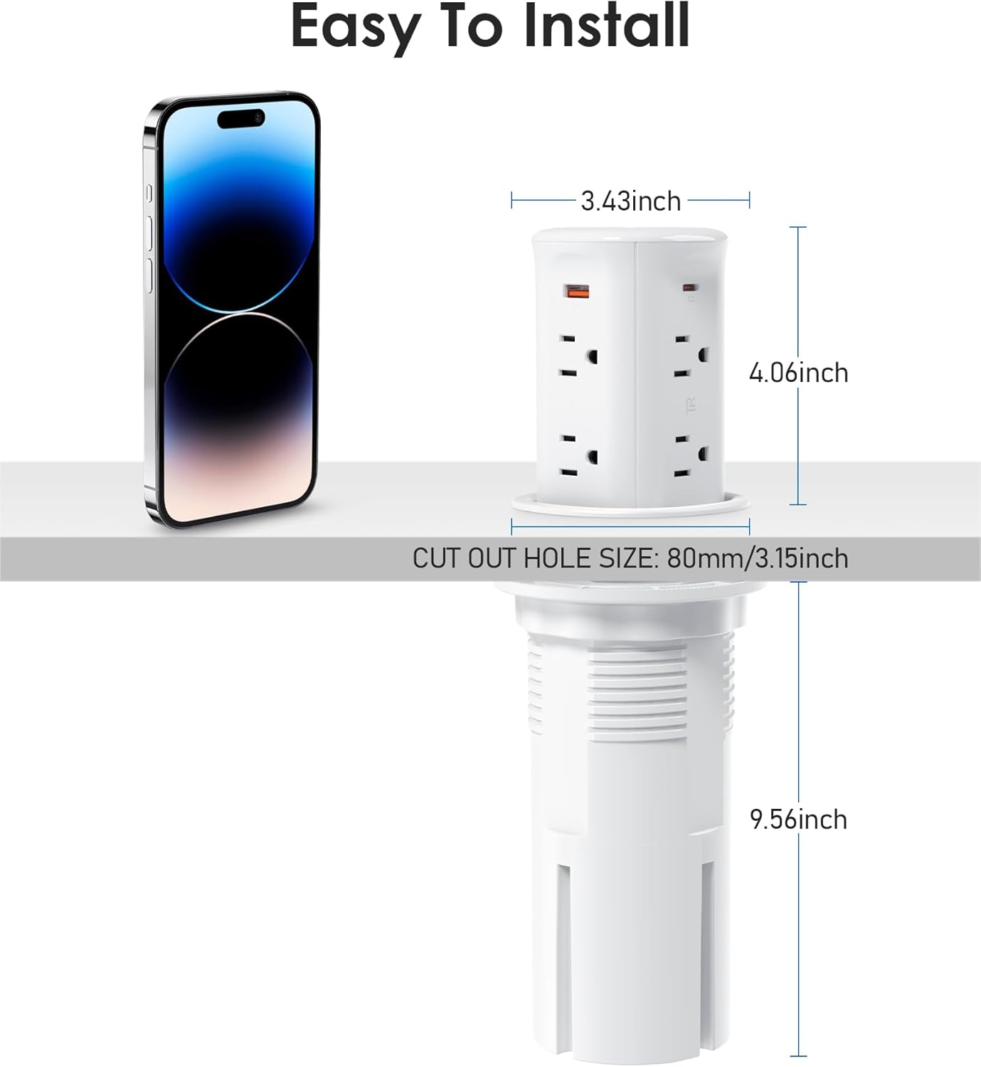 Pop Up Counter-top Outlet with 4 USB Ports 15W Wireless Charger, Max 20W,