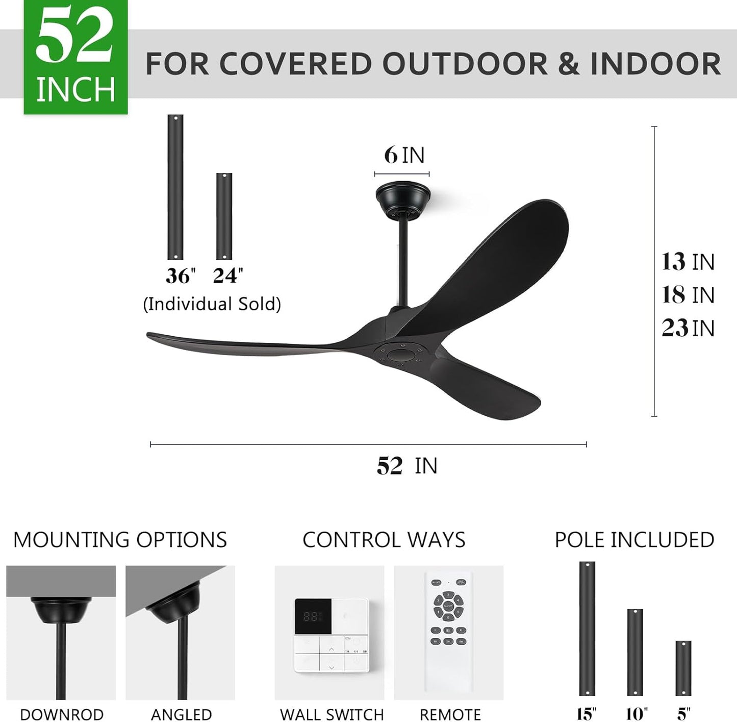 Eliora Ceiling Fan without Light, 52&#34; Wood Ceiling Fan no Light with Remote Wall Switch, Outdoor Ceiling Fan for Patio, Porch, Bedroom, 6 Speed,