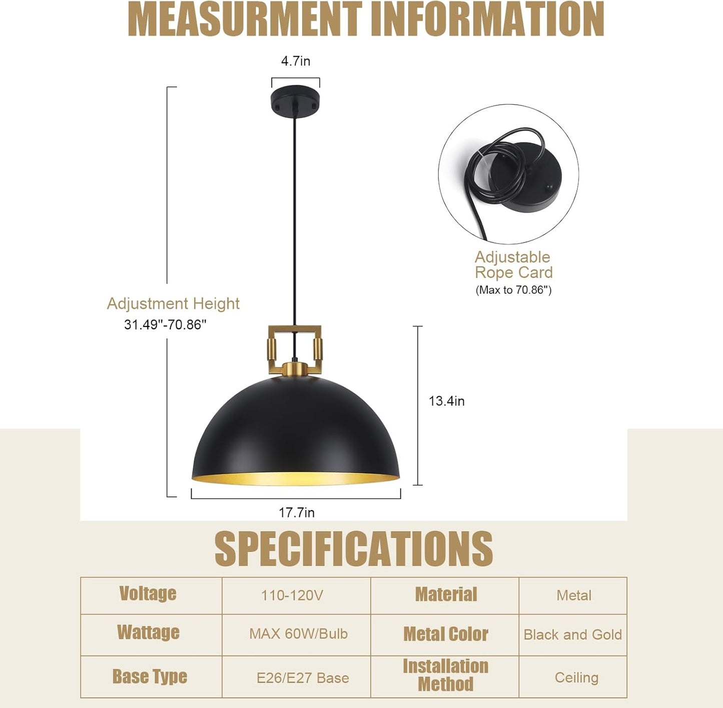 Black Dome Pendant Lights Kitchen Island, 17.7&#34; Modern Pendant Light Fixtures, Industrial Large Pendant Light, Farmhouse Hanging Pendant Lighting