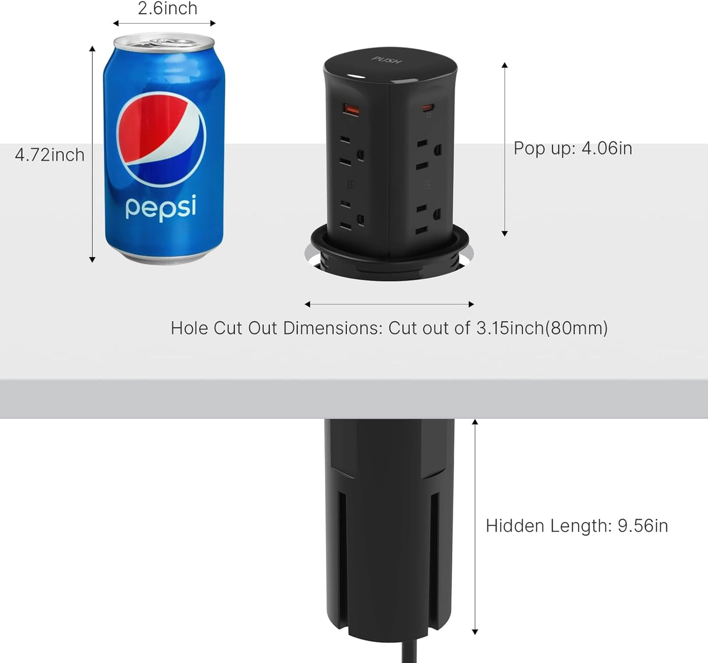 Pop up Outlet for Countertop,3-1/8 inch Hole Desk Grommet Power Station,20W USB C Fast Charging,8 Outlets 4-USB,Kitchen Island Pop Up Electrical