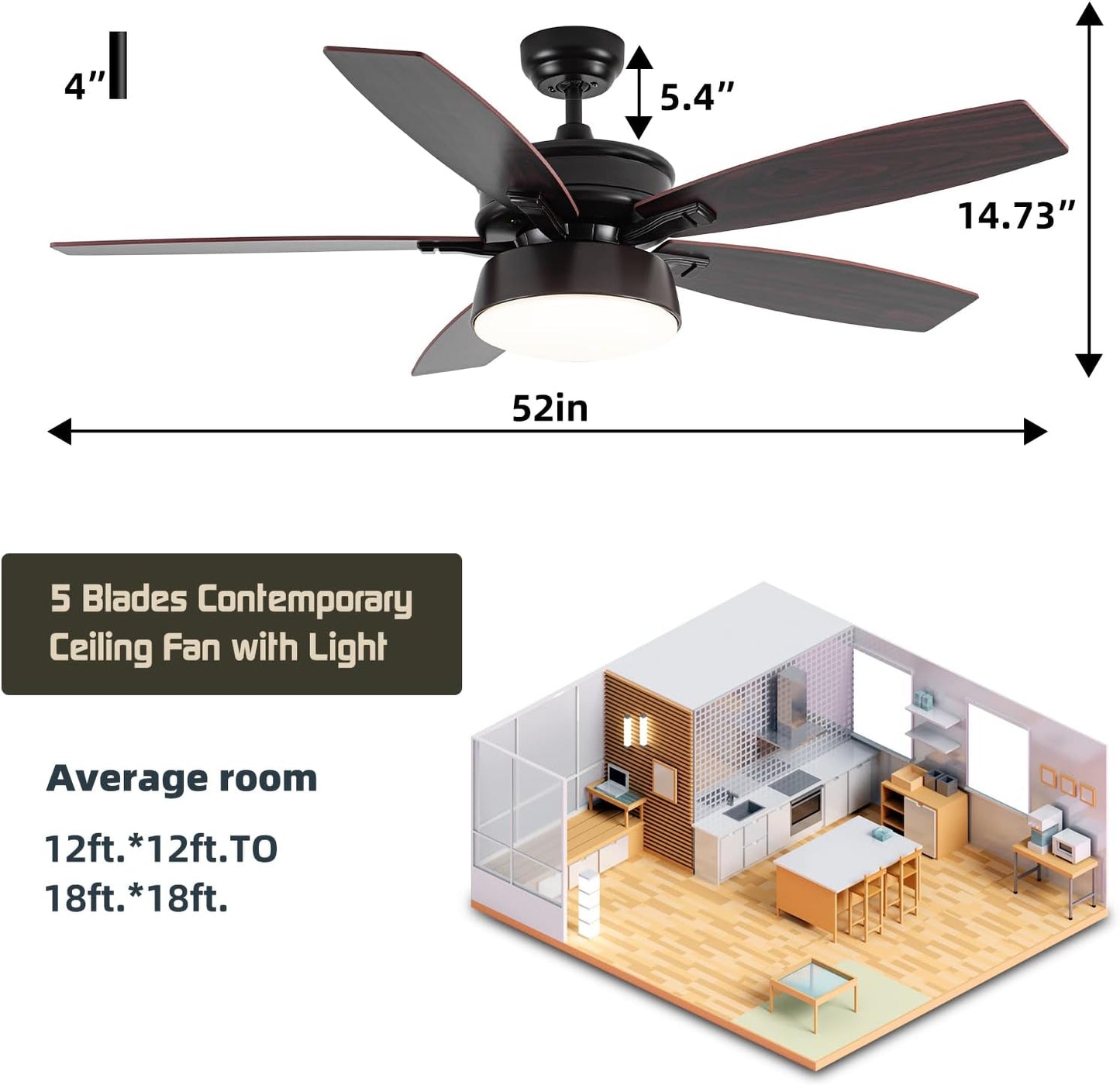 Ceiling Fans with Lights, 52 inch Ceiling Fan with Light and Remote Control, Reversible Flush Mount Ceiling Fan, Dimmable 5 Blades Low Profile