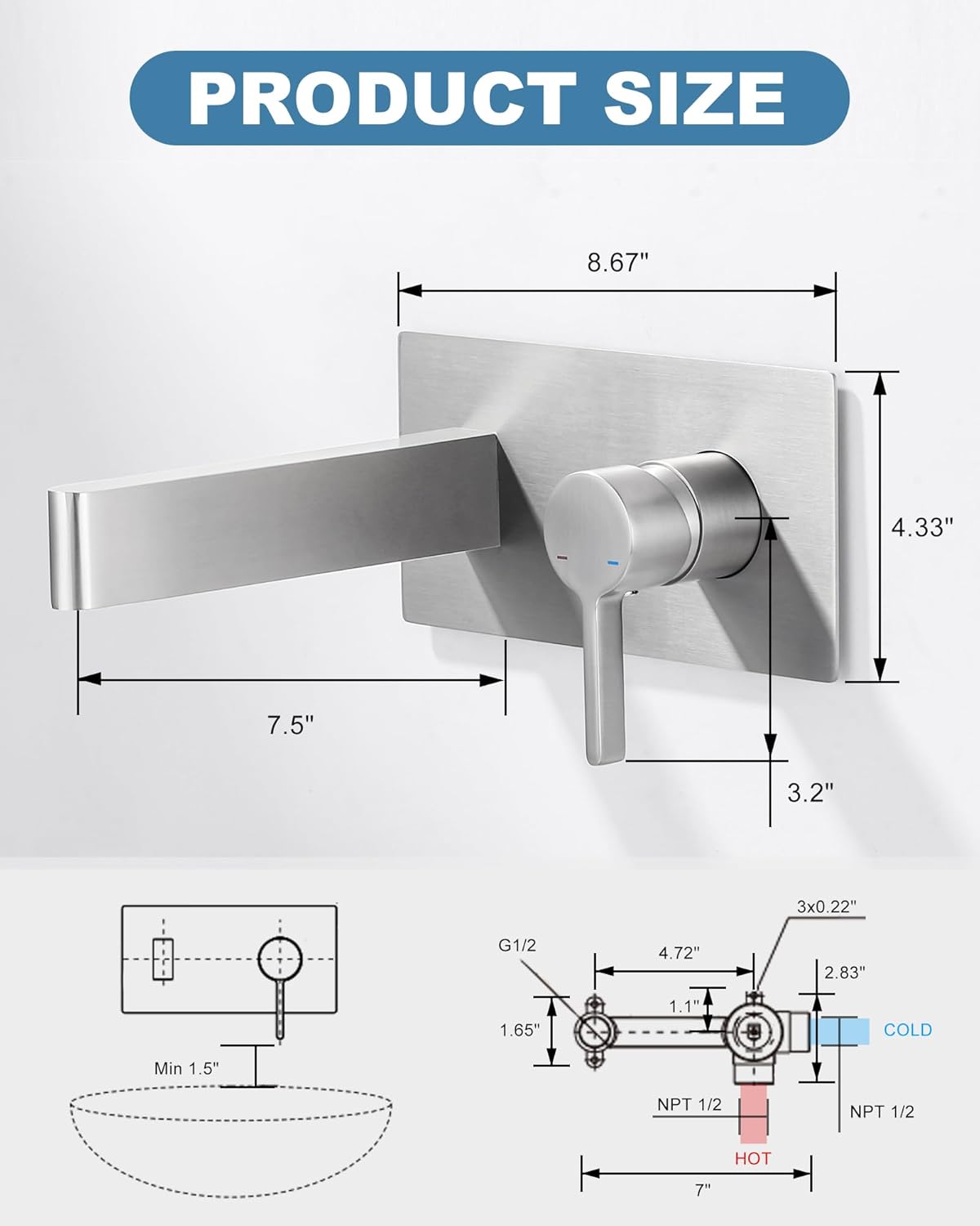 Wall Mount Bathroom Sink Faucet: Brushed Nickel Wall Mount Bathtub Faucet - 2-Hole Single Handle Wall Faucet Bathroom