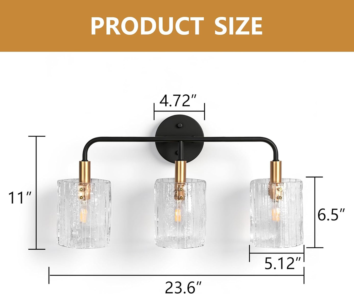3-Light Glass Bathroom Vanity Lights Over Mirror, Black and Gold Bathroom Light Fixture with Clear Glass Shade, Modern Bathroom Wall Sconce Lighting for Mirror, Living Room (E12)