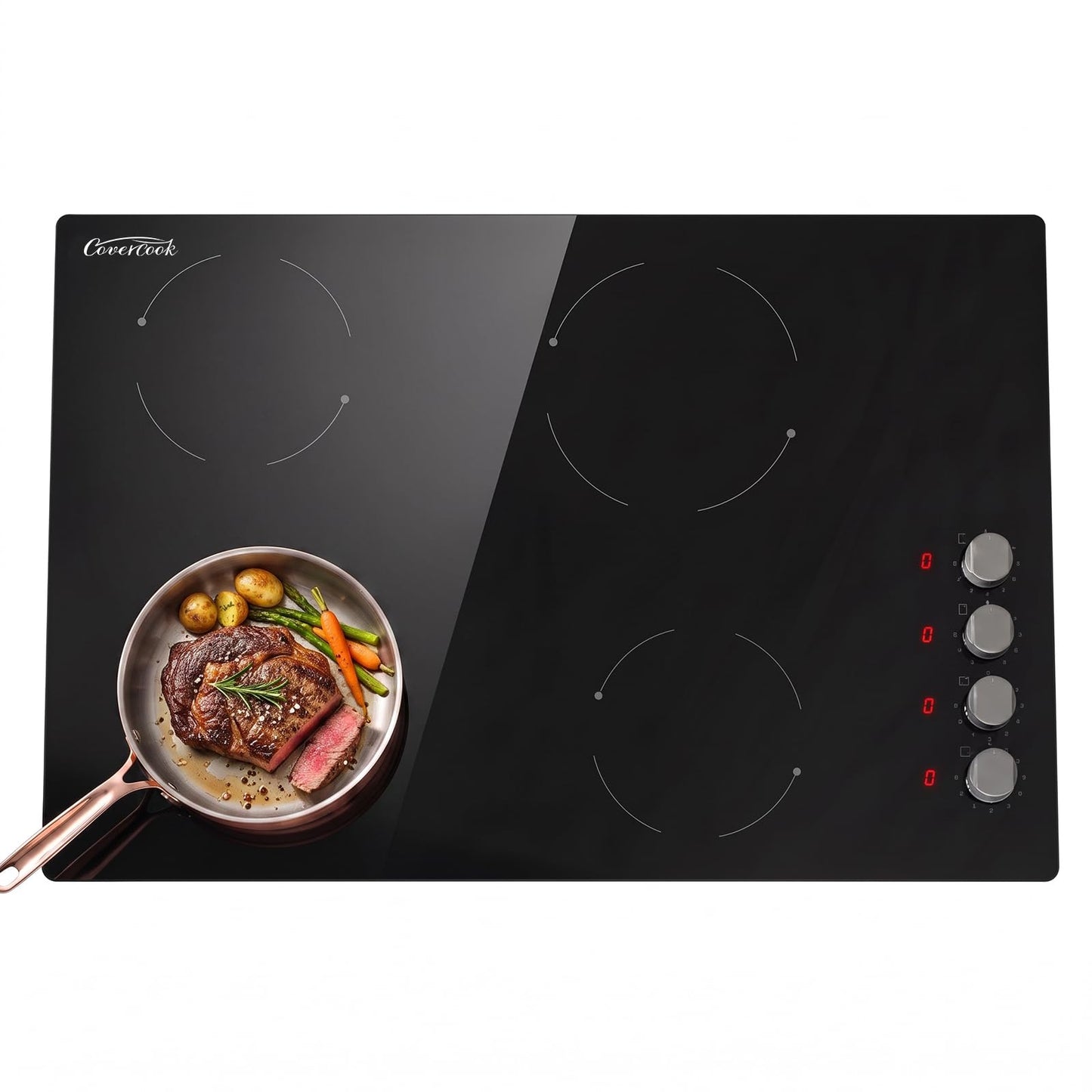 30 Inch Built-in Electric Ceramic Cooktop, Stove Top with 4 Burners, Radiant Heating, 9 Power Levels, Knob Control, 240V Hardwired