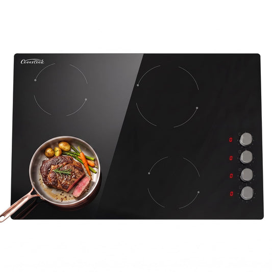 30 Inch Built-in Electric Ceramic Cooktop, Stove Top with 4 Burners, Radiant Heating, 9 Power Levels, Knob Control, 240V Hardwired