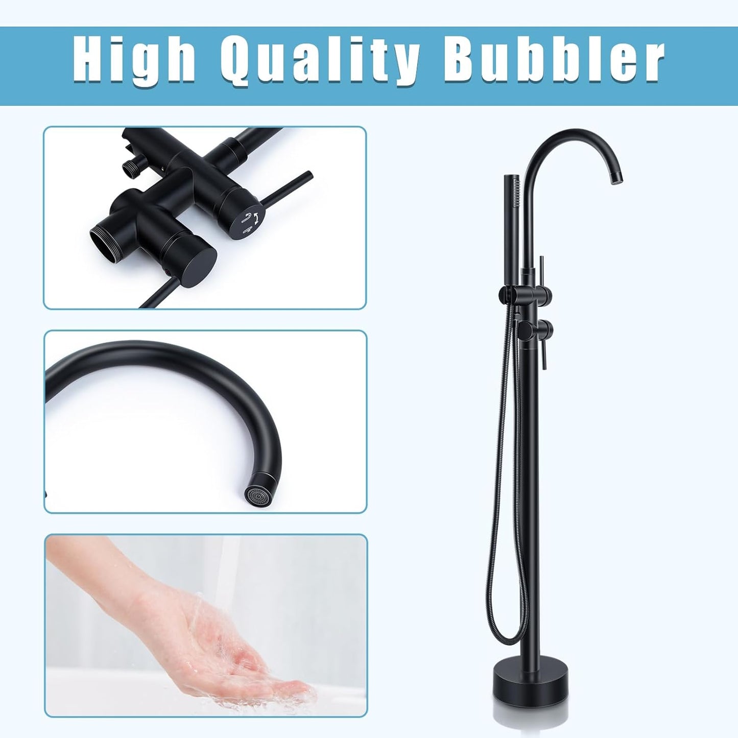 Floor Mount Bathtub Faucet Matte Black Faucet Freestanding Tub Standing High Flow Dual Function 360 Degree