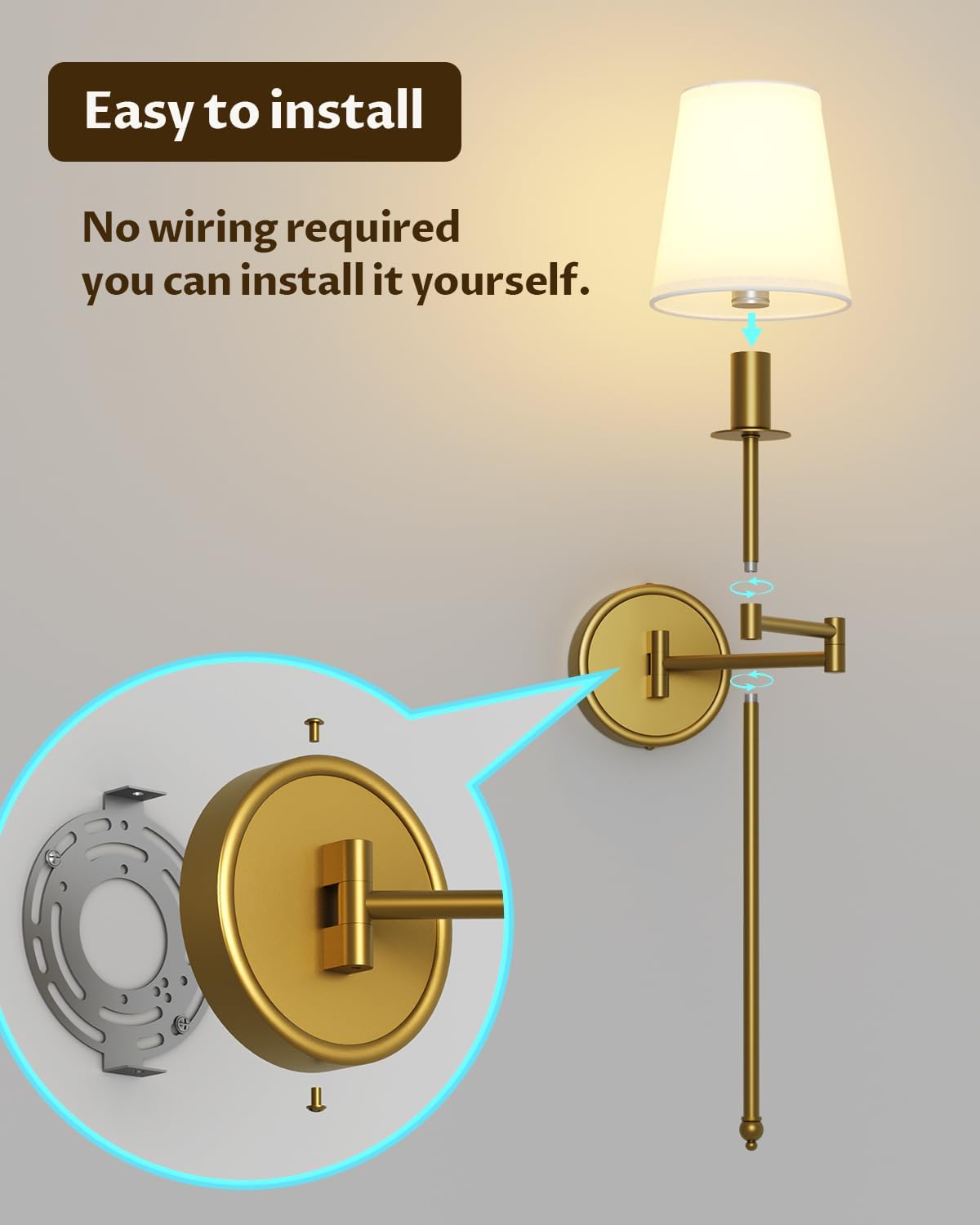 Battery Operated Wall Sconce Set of 2, RGB Color Changing Wall Lights with Remote, 9 Static Colors, Dimmable Wireless Swing Arm Wall Lamp, Adjustable Gold Wall Sconce for Bedroom Living Room Brass 24.8inch