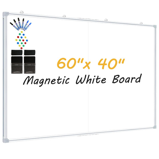 Magnetic Dry Erase Board 60x40 Inches, Foldable Whiteboard with Silver Frame for Classroom, Office and Home - 5x3.5 Ft, Non-Glare Surface, Full Magnetic Accessory Kit Included White 60"X40"
