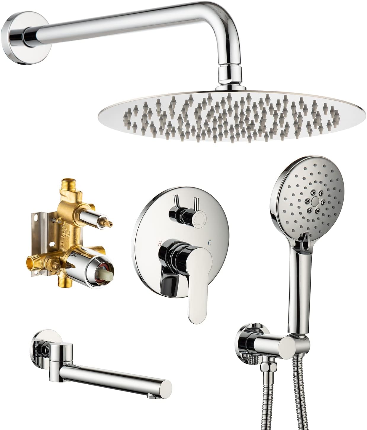 RUGUS Shower Faucet SetBathroom Rainfall Wall Mounted Shower System with Stainless Steel Metal 10 Inch Round Rain Showerhead with Rough-in