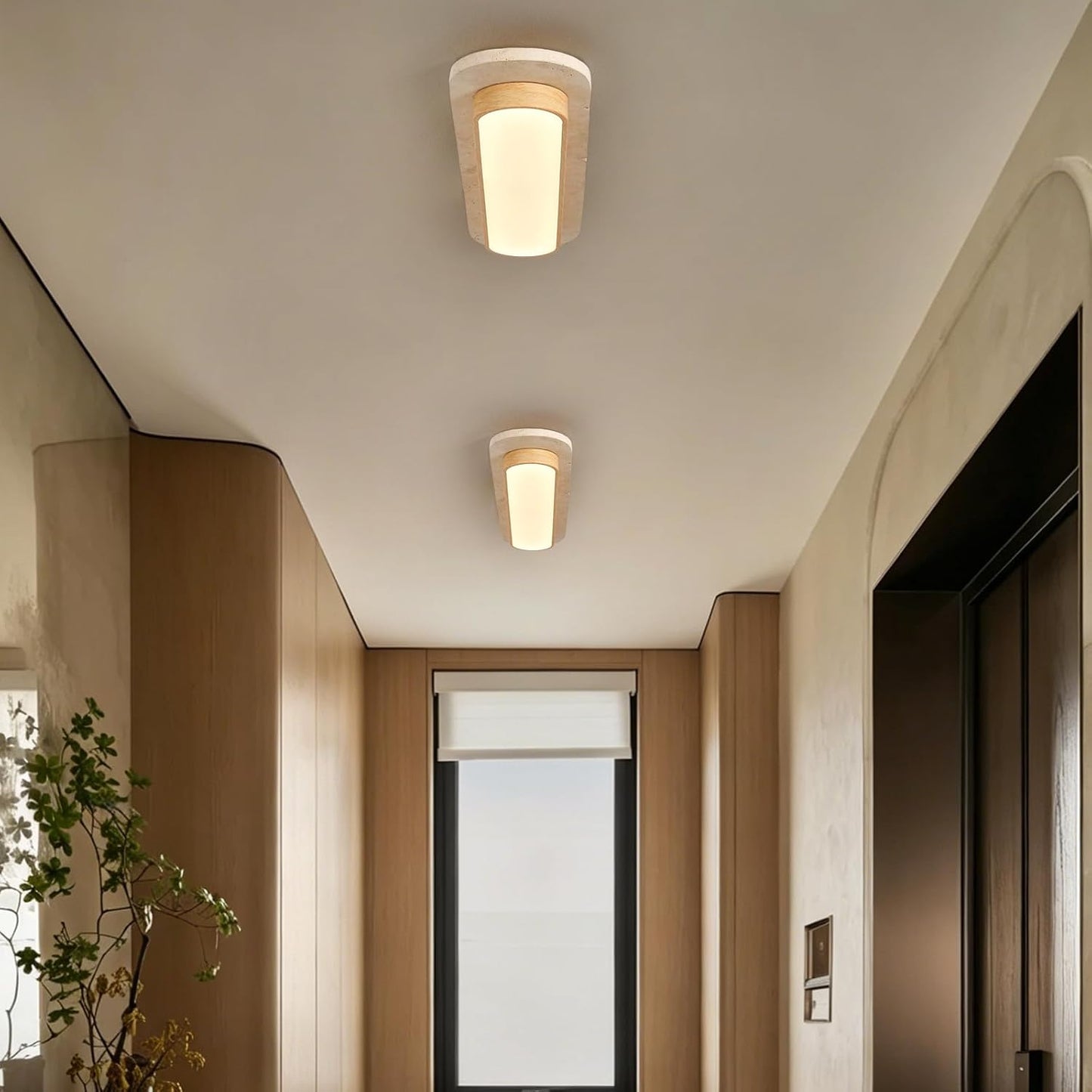 23.6 inch Wabi Sabi Travertine Ceiling Light Fixture, Natural Stone Linear Ceiling Lamp with Wood Grain Metal Frame, 3000K LED Travertine Stone Flush Mount Light for Hallway, Entrance, Corridor