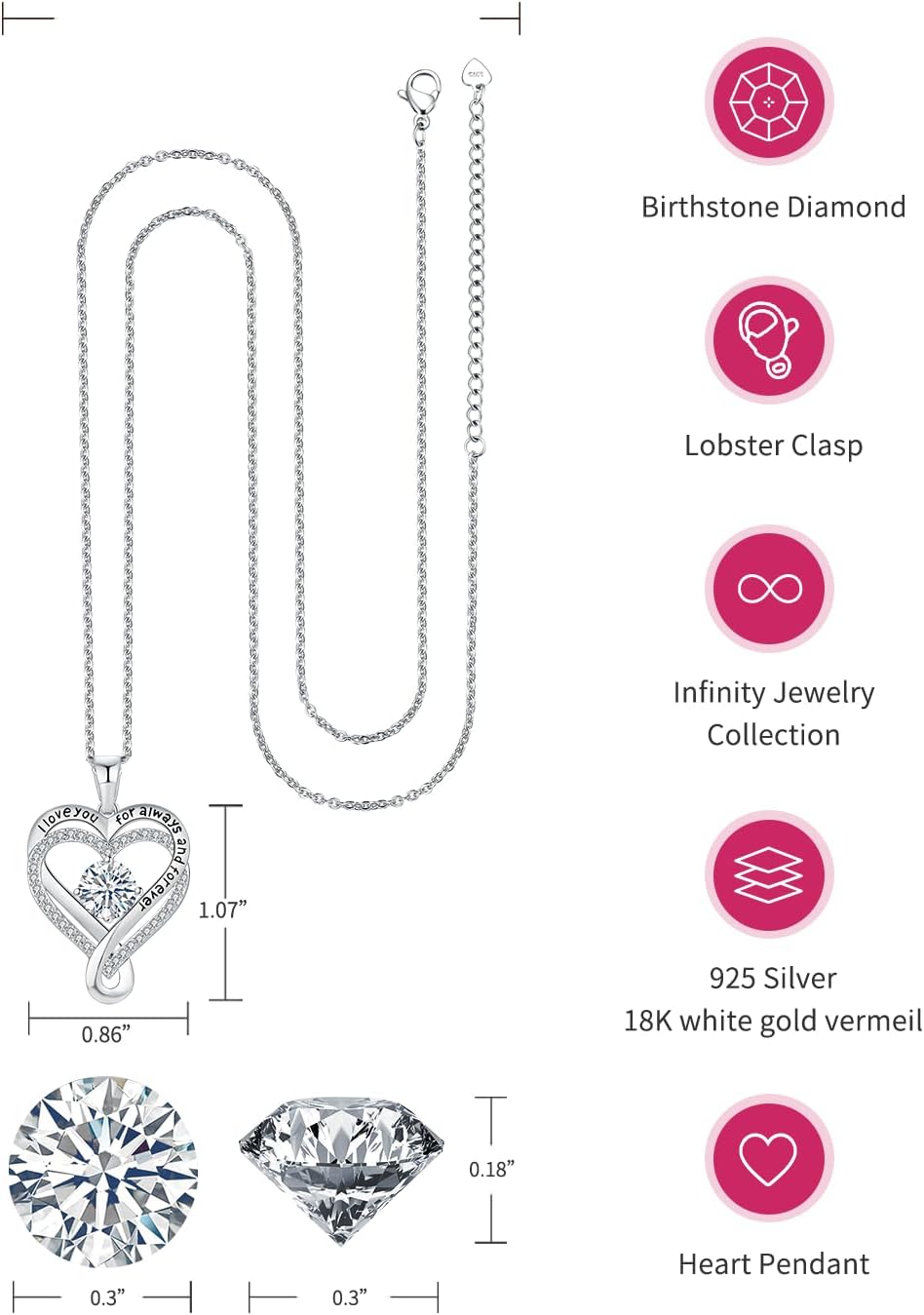 Infinity Heart Necklace for Women April Diamond Jewelry Birthday Anniversary Ideas for Wife Gilfriend I Love You Gifts for Her Mom