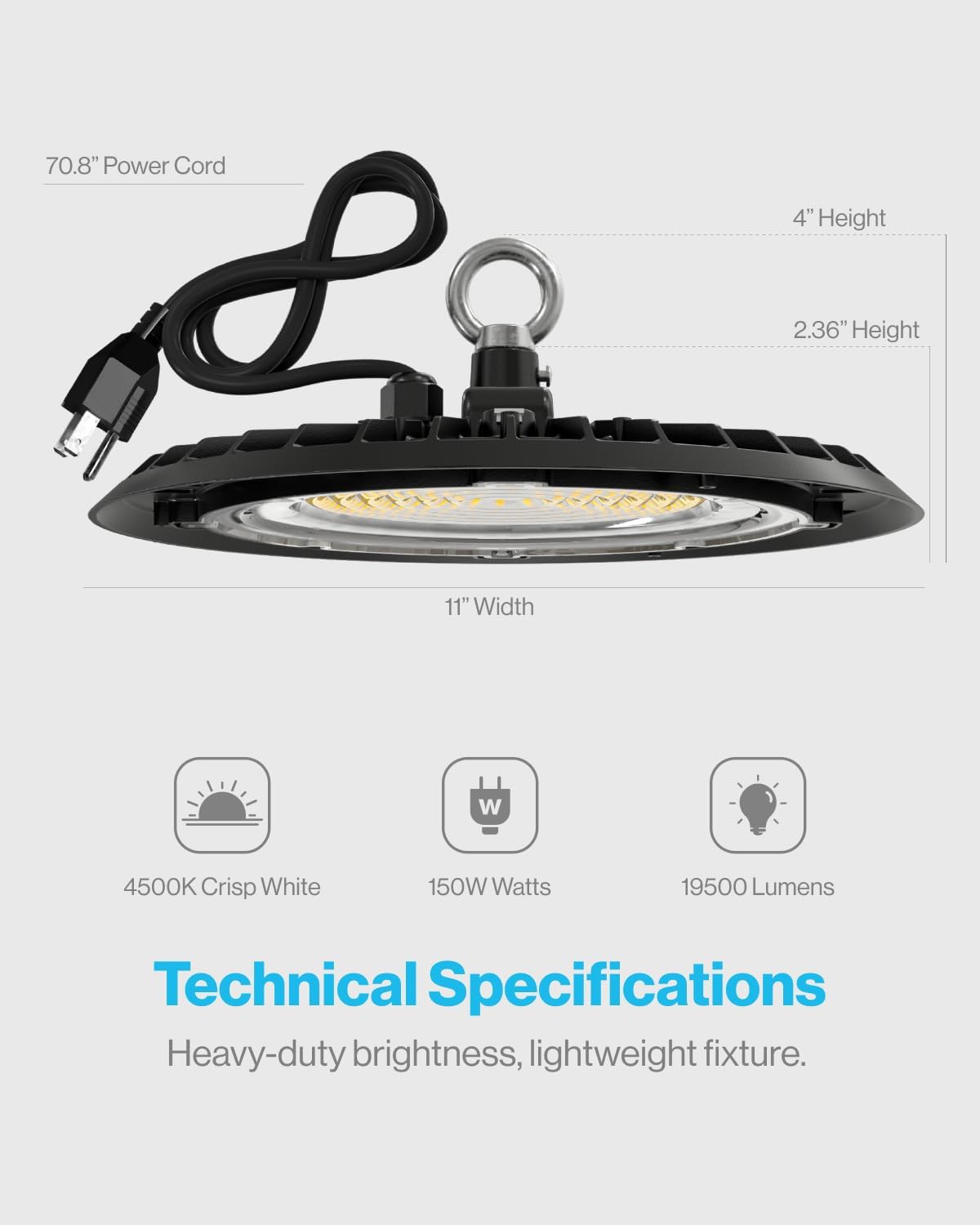 2 Pack UFO LED High Bay Light, Plug and Play Lighting for Warehouse, 4500K Crisp White, 150W, Power Cord Included,