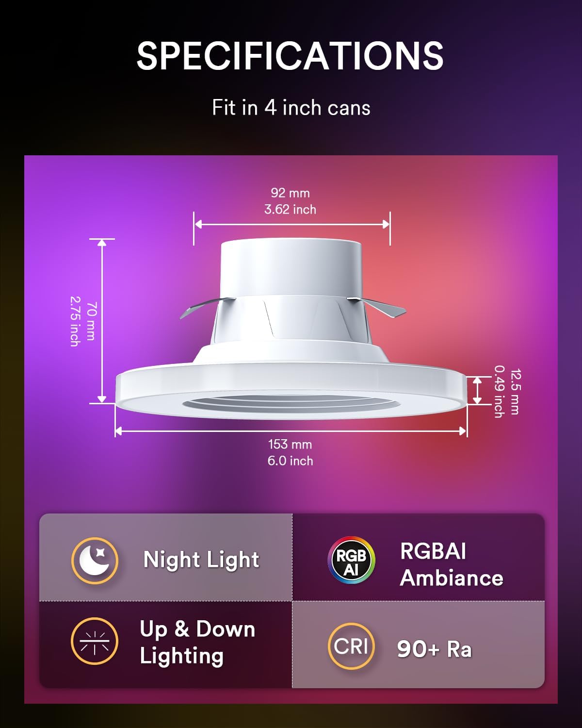 Smart Led Recessed Lighting Retrofit Max 4 Inch 4 Pack, Wi-Fi Bluetooth Direct Connect Party Lights LED Downlight, RGBAI Recessed Lights Work with