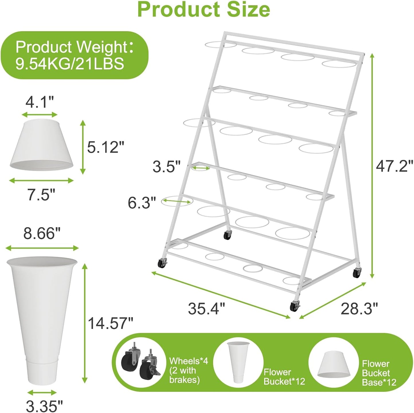 Flower Stand, 3 Tier Flower Display Stand with 12 Buckets, Upgrade Double Circle No Shaking, Outdoor Flower Cart with Wheels for Patio, Garden, Shop, Wedding, Party, Exhibition, Indoor, White