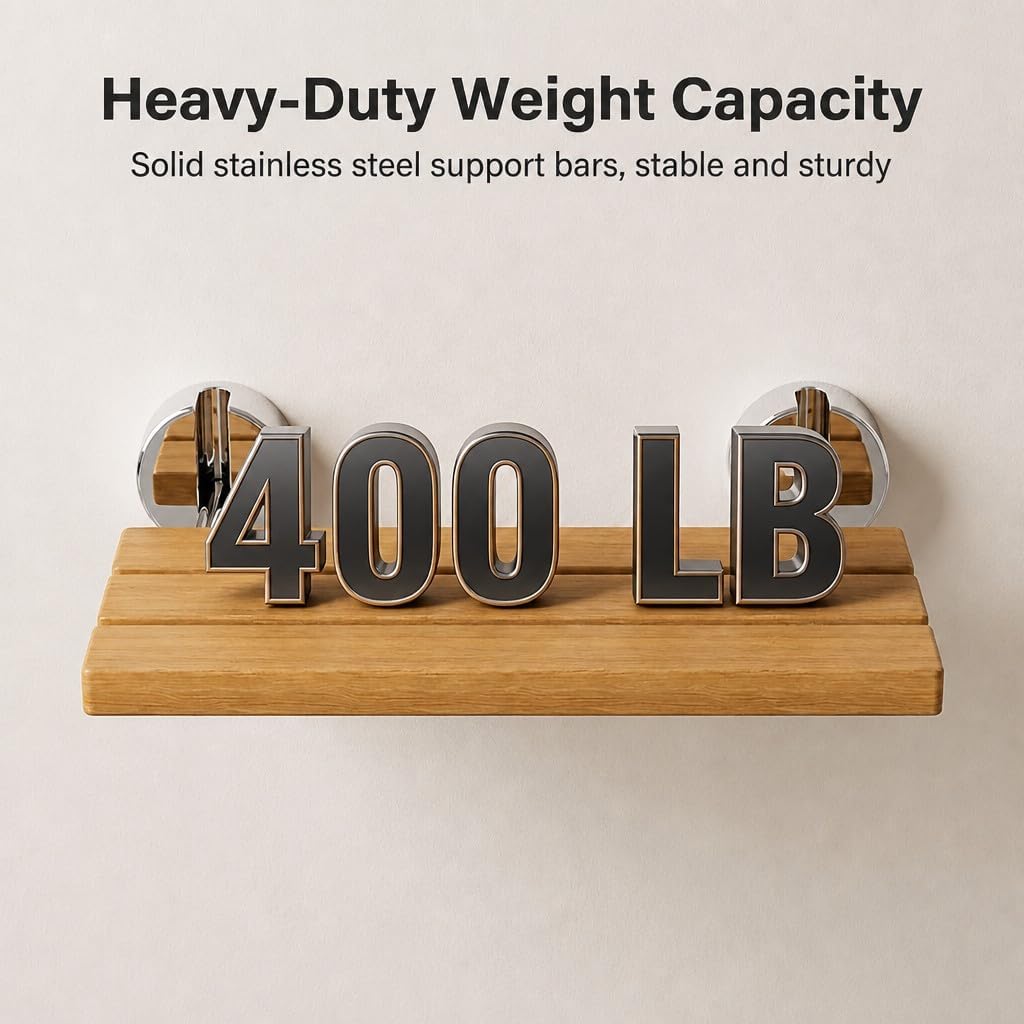 Wall Mount Folding Shower Seat, Teak Wood, 400lb Capacity, Stainless Steel
