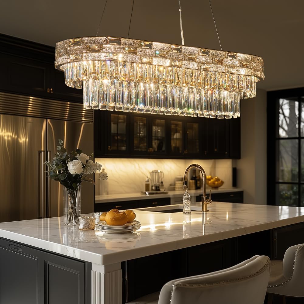 HUANXISHA Gold Oval 12-Light Modern Crystal Chandelier for Dining Room Kitchen Island Bar, L34.3 Inch