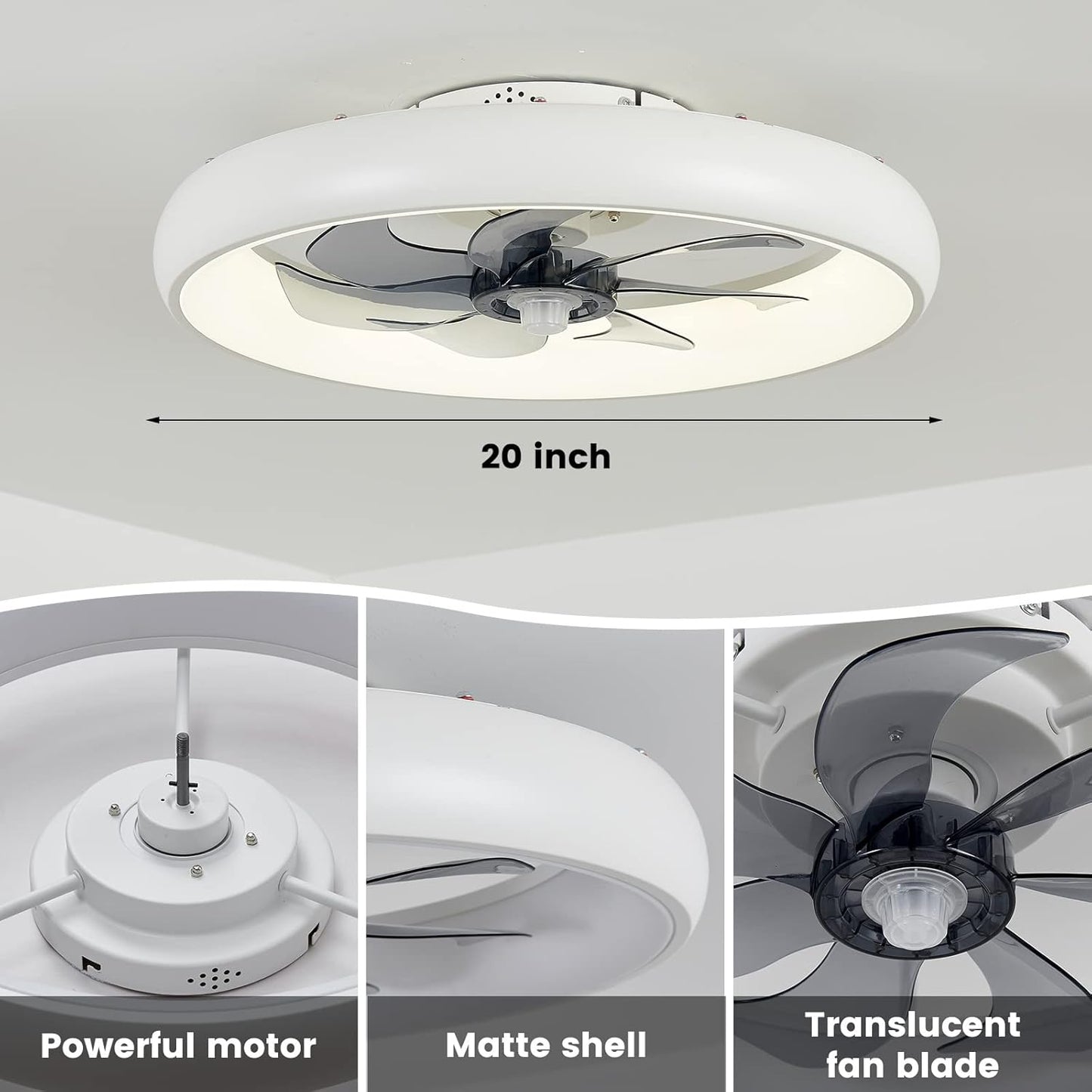 Oyisen Ceiling Fans with Lights, 20 Inch Enclosed Ceiling Fan with Light, Six Wind Two Modes Low Profile Ceiling Fan with Light, Flush Mount Ceiling