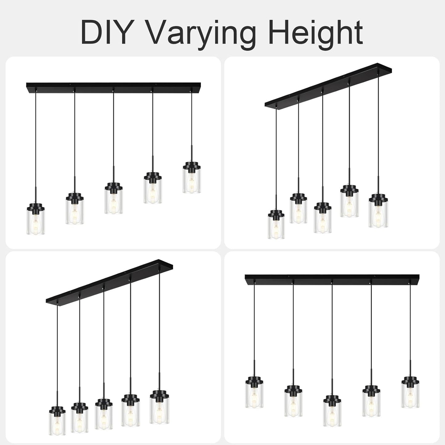 Kitchen Island Lighting Modern 5 Lights Linear Chandeliers Industrial Black Pendant Light Fixtures Ceiling Hanging with Clear Glass Shade for Modern