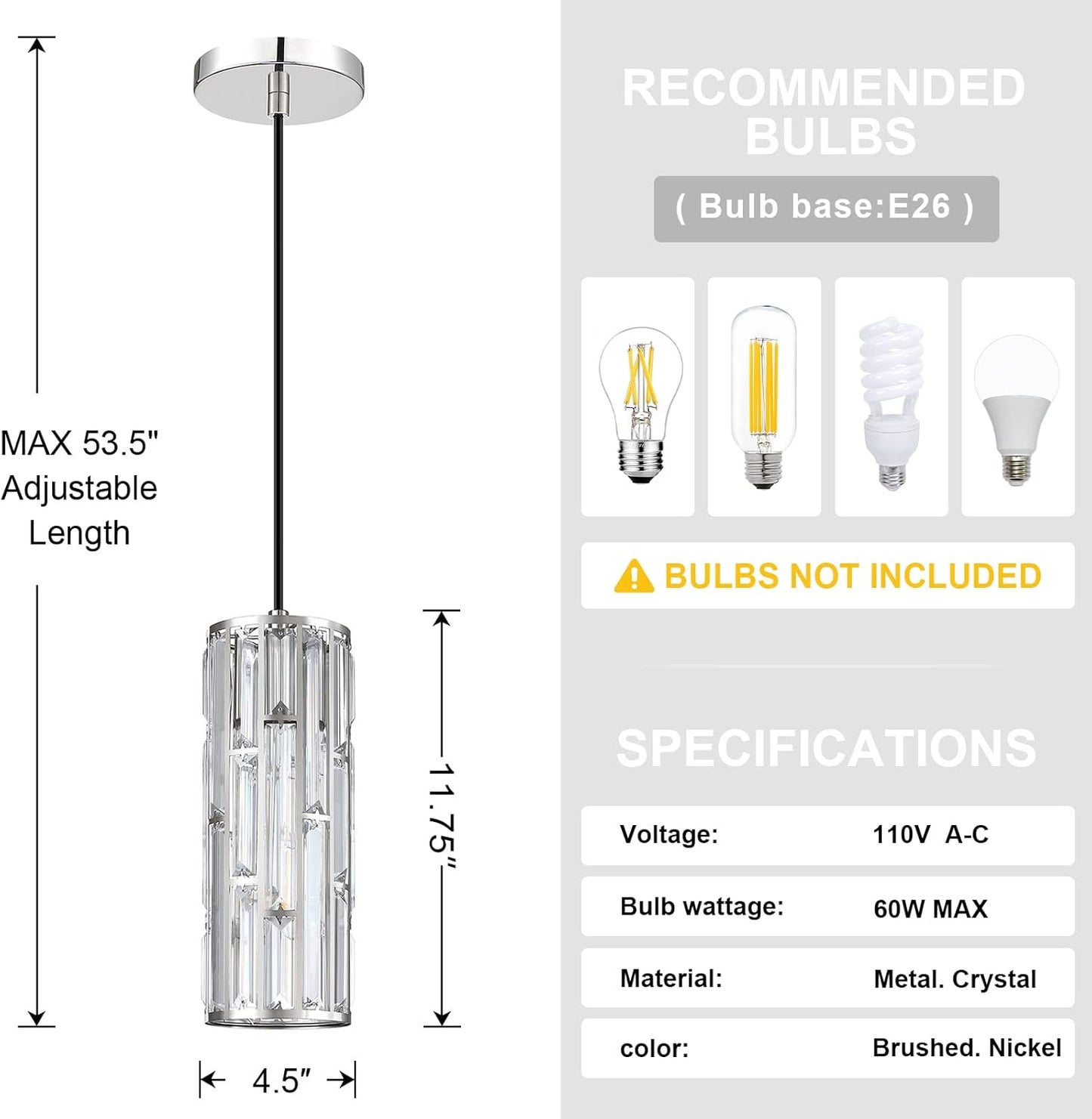 3 Pack 1 Light 4.75' Crystal Hanging Kitchen Island Pendant Light Brushed Nickel Finish,Modern Concise Pendant Fixture Crystal Metal Shade for