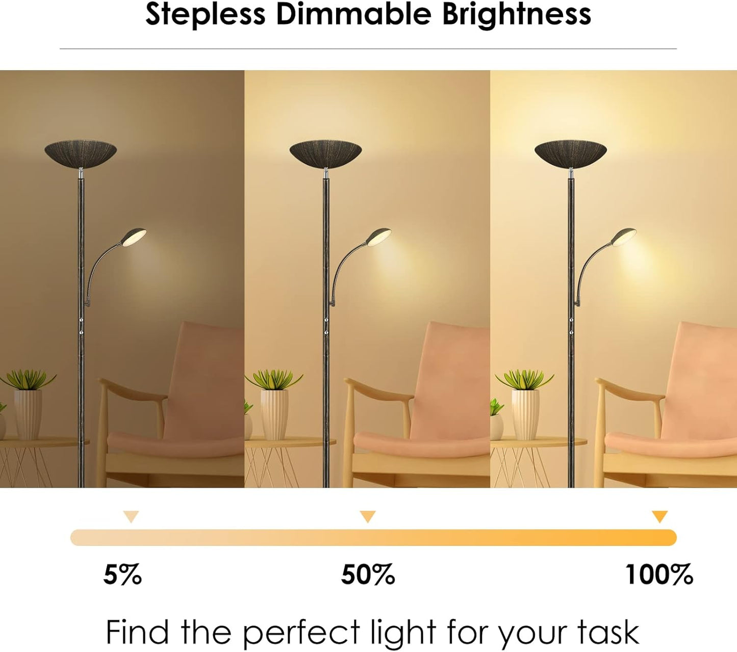 Floor Lamp, LED 20W/2000LM Bright Torchiere Floor Lamp with 5W Adjustable Reading Lamp, Stepless Dimmable Standing Lamp, 2 Rotary Switch, Modern