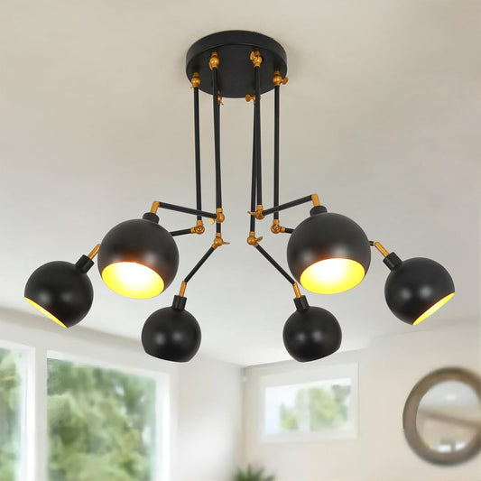 TANIN Modern Sputnik Chandelier 6-Light Semi Flush Mount Ceiling Lights Fixture, Octopus Design Black Indoor Lighting with 180Adjustable Arm